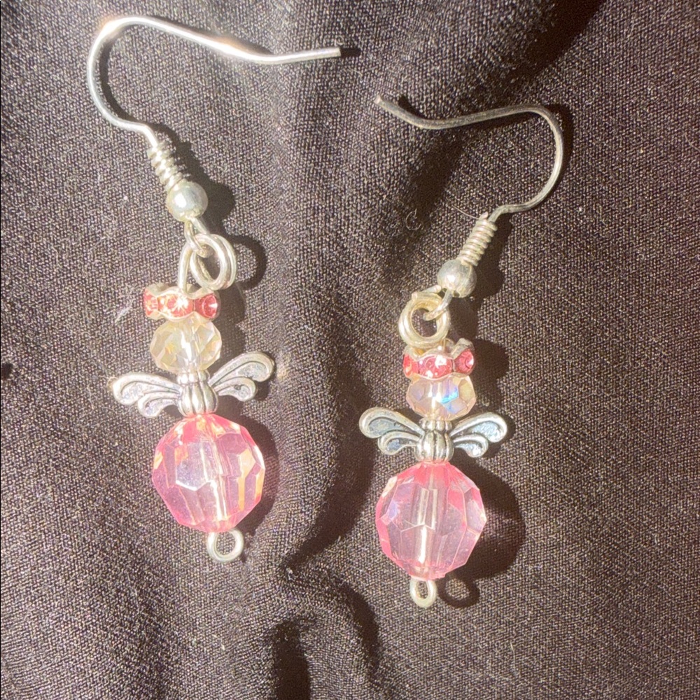 Elegant Pink  And Silver Angel Earrings